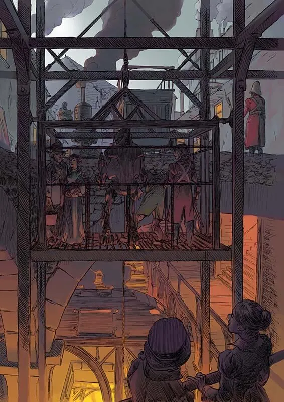 Un ascenseur avec des passagers, un soldat et un MEKA à bord