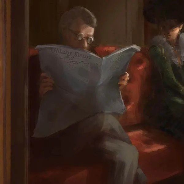 Un gentleman d'âge mûr avec une paire de lunettes lisant un journal, assis dans un canapé, près d'une dame élégament habillée